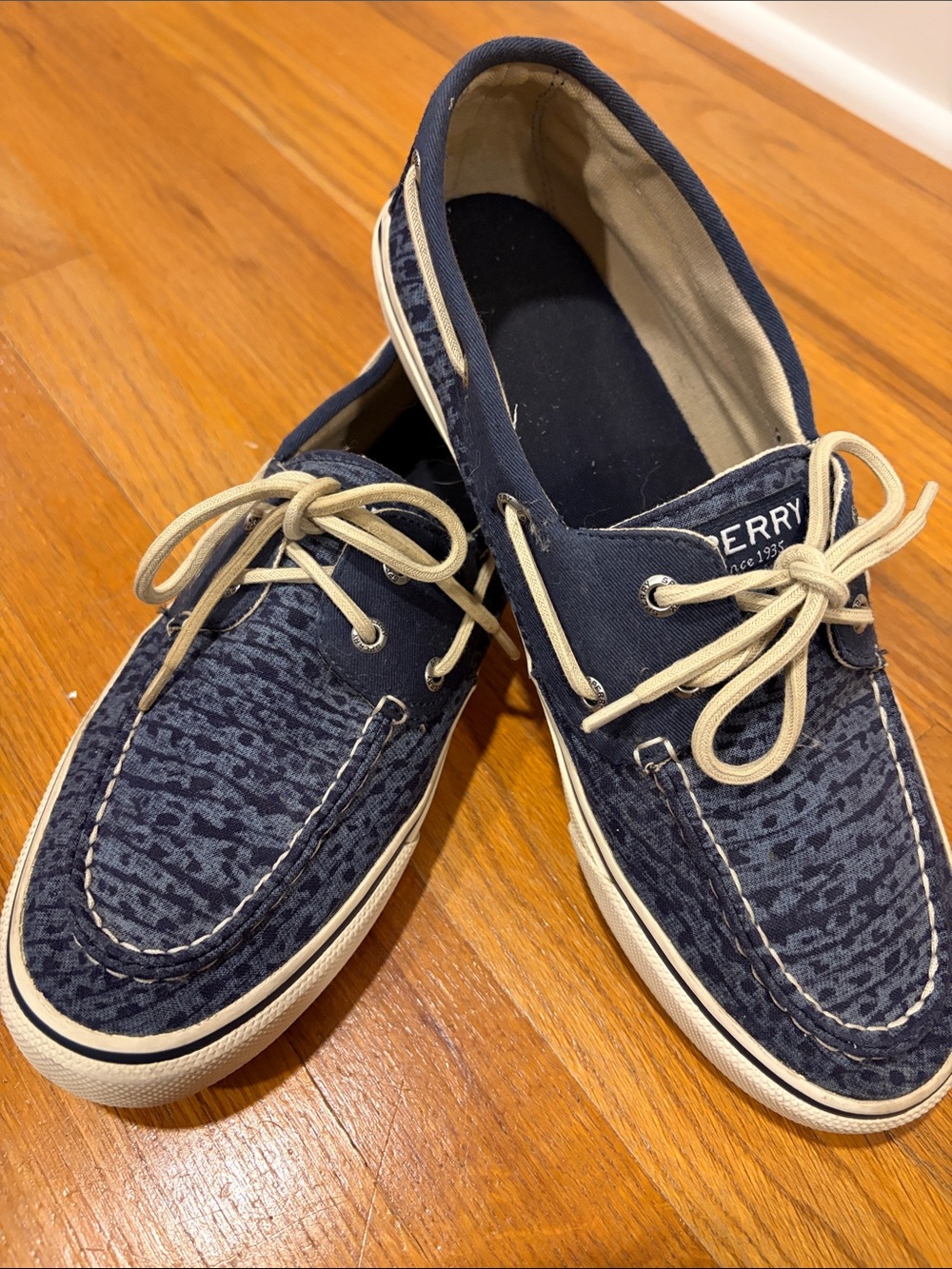 Sperry Navy Patterned Canvas Boat Shoes with Cream Laces